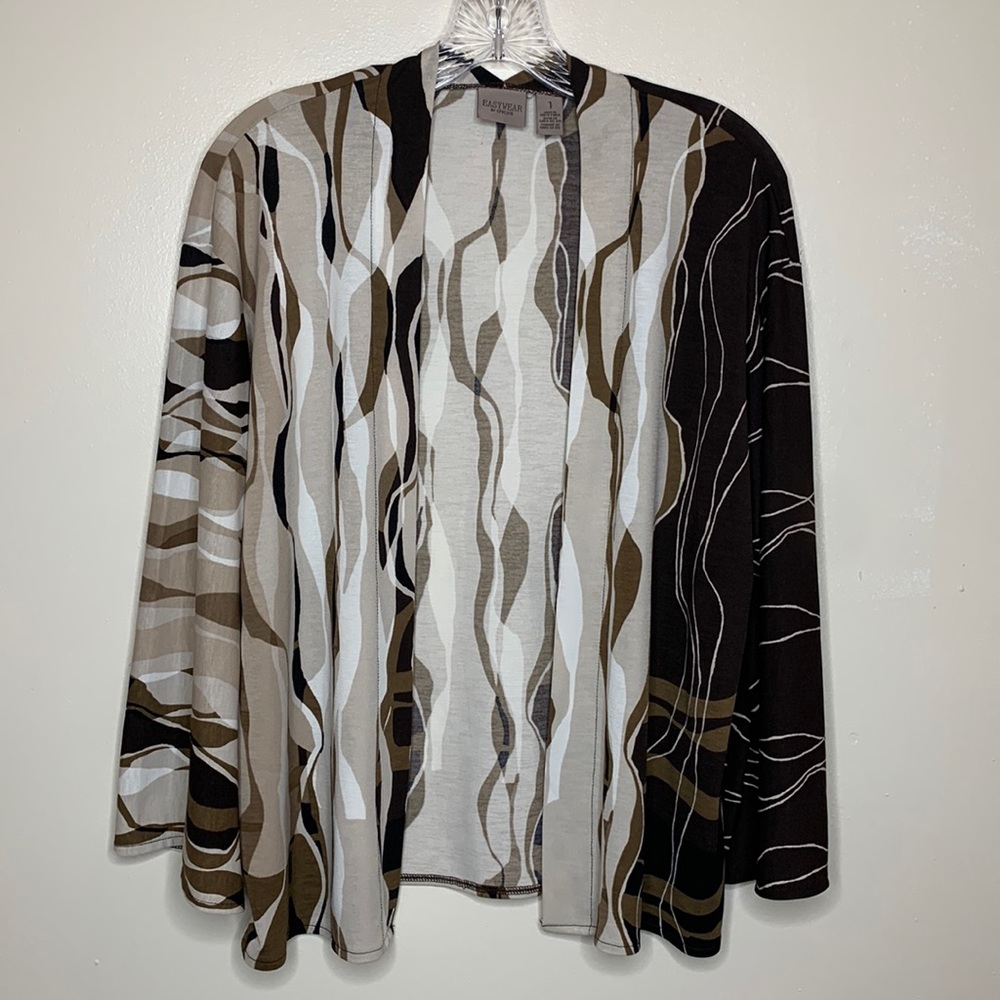 CHICO’S EASYWEAR Cardigan Brown & Cream Open Front Lightweight 3/4 Sleeves 8